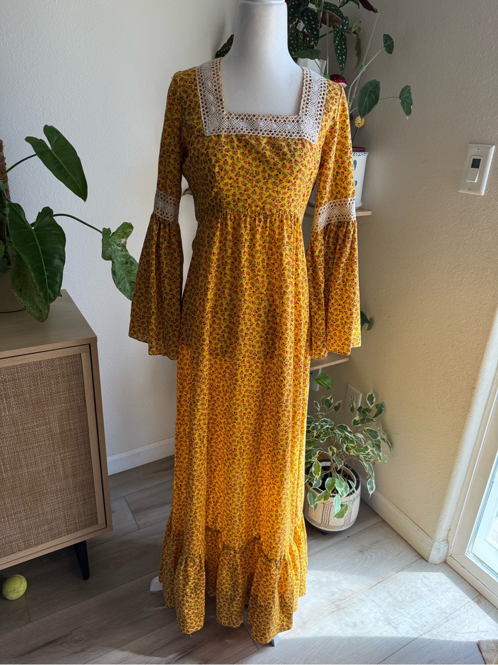 Vintage 70s Prairie Maxi Dress Floral Lace Bell Sleeve Union Made